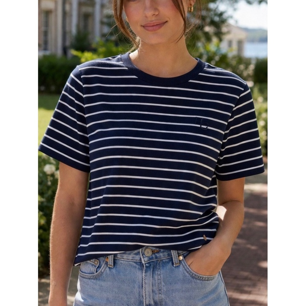 House of Gravity Womens T-Shirt Navy Blue White Large Striped Nautical Preppy